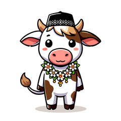 Cute Cartoon Cow Wearing Muslim Hat and Flower Wreath Vector Illustration