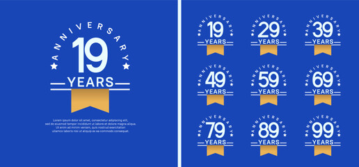set of anniversary logo style with gold ribbon. vector design white color for celebration