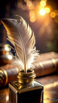 Old-fashioned quill pen in golden inkwell on antique wooden table with blurred parchment scroll and bright sunlight
