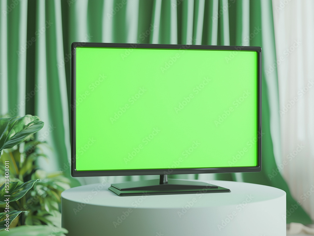 Poster 3d television with green screen standing on a podium table in soft curtain backdrop background for e
