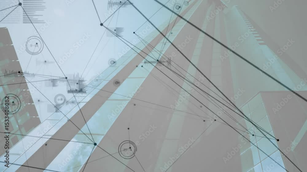 Poster glass skyscraper view showing translucent nodes fading, linking, updating and merging data mesh