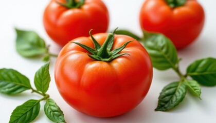 a highly detailed, hyper realistic fresh tomato, isolated at the center of the frame on pure white background, floating display, no shadows, bright professional studio lighting, high key lighting