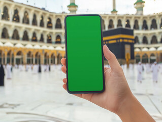 Hand Holding Smartphone With Green Screen at Mecca Kaaba Background for Religious Travel App UI Mockup, Spiritual Tourism Content Display, and Cultural Presentation Template Design