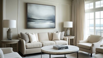 A serene living room with soft, rounded furniture in neutral tones and a marble coffee table, featuring an abstract painting on the wall above the sofa.