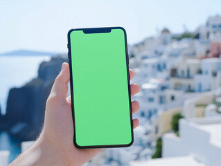 Hand Holding Smartphone With Green Screen at Santorini Greece White Buildings Background for Mobile App UI Mockup, Travel Content Display, and Tourism-Themed Digital Presentation Template