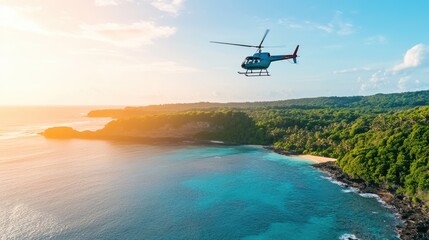 Helicopter flight over tropical bay landscape