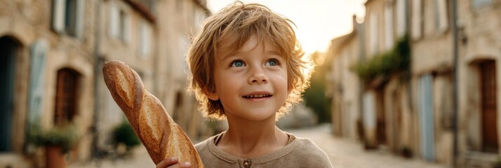 Smiling boy runs down the morning street joyfully holding a fresh baguette.  