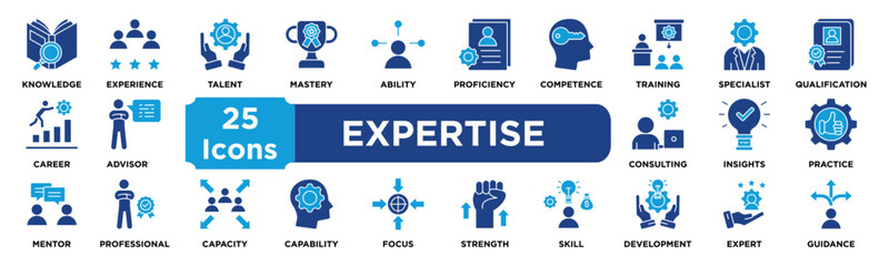 Expertise icon collection set. Containing knowledge,experience,talent,mastery,ability,proficiency,competence,training,specialist,qualification icon. dual tone vector.