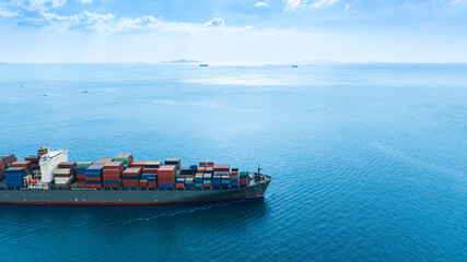 Aerial view of the freight shipping transport system cargo ship container. international...