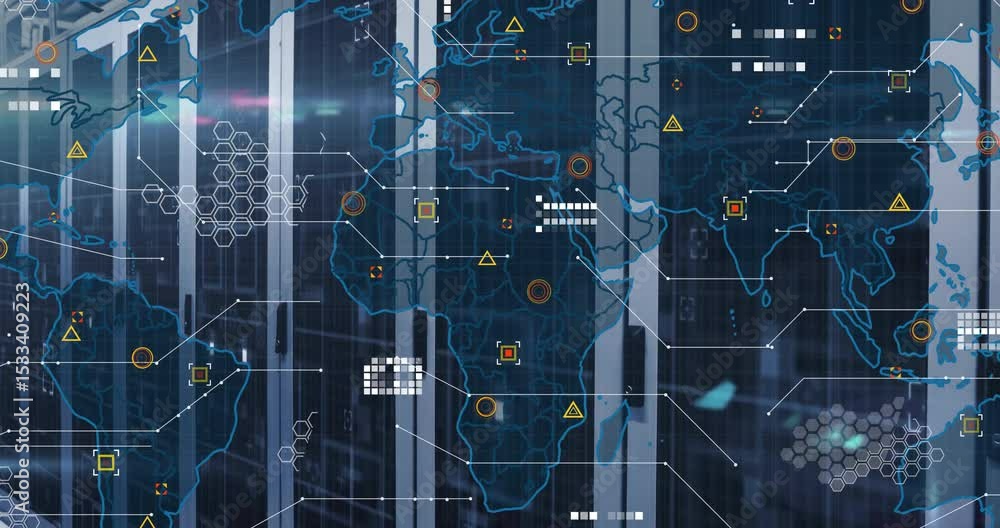 Poster world map sliding into view over server racks, icons multiplying displaying live network activity