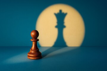 Pawn's Aspirations: A lone pawn casts the regal shadow of a queen, a potent metaphor for ambition and the transformative power of aspiration.