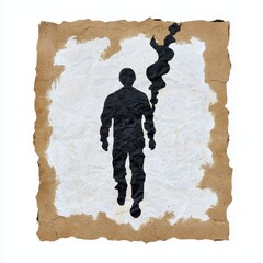 Black Silhouette Walking with Torch on Textured Paper Background