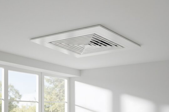 Ceiling mounted duct fan with air vent for bathrooms or kitchens to remove humidity and odors, Plastic grille for air conditioning vents on the ceiling, a white square ceiling vent, modern design.