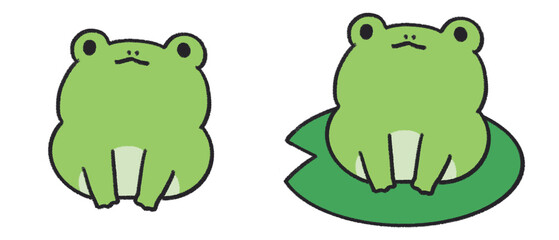 座っているカエルのゆるいキャラクター、イラストセット