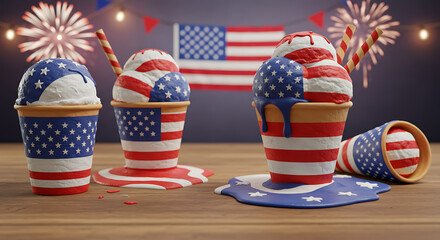 Obraz premium Patriotic ice cream cones decorated with American flag imagery, melting on a wooden surface.