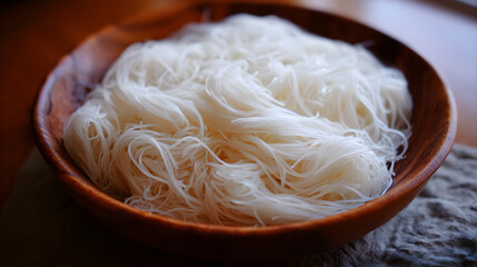 Freshly Prepared Vermicelli Noodles Displayed in a Wooden Bowl on Rustic Wooden Table