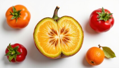 Fototapeta premium a highly detailed, hyper realistic fresh unique fruit or vegetable species 143, isolated at the center of the frame on pure white background, floating display, no shadows