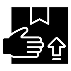 Package Handling Glyph Black Fill Silhouette - Hand and package with arrow up, representing safe lifting, handling, and shipping procedures