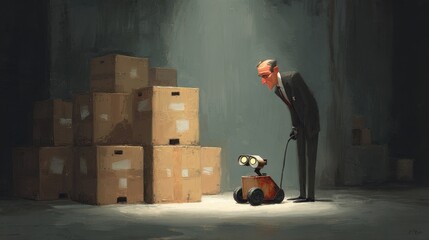 Curious Robot and Businessman in a Dimly Lit Warehouse Setting