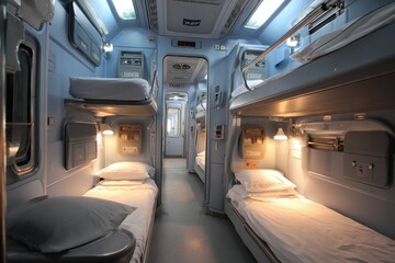 Comfortable Sleep Cabin in Modern Train with Soft Lighting and Bedding