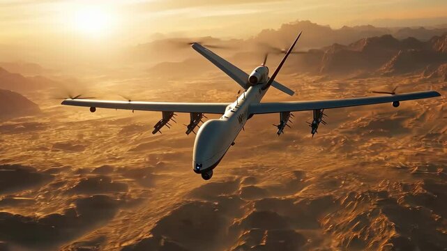 Military drone flies over rugged landscape at sunset, aerial view, weaponry attached.