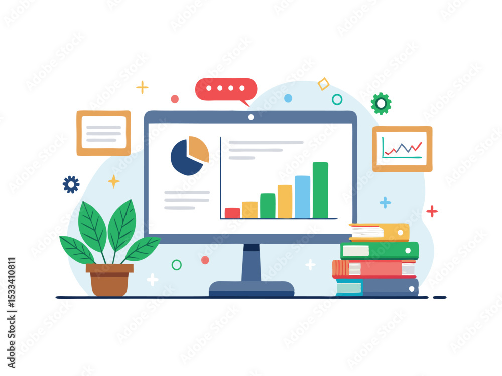 Poster business analytics dashboard on computer screen isolated on white background