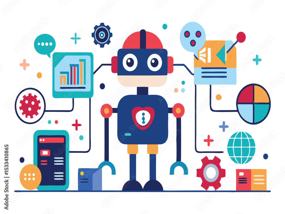 Poster friendly robot connected to data and global network isolated on white background
