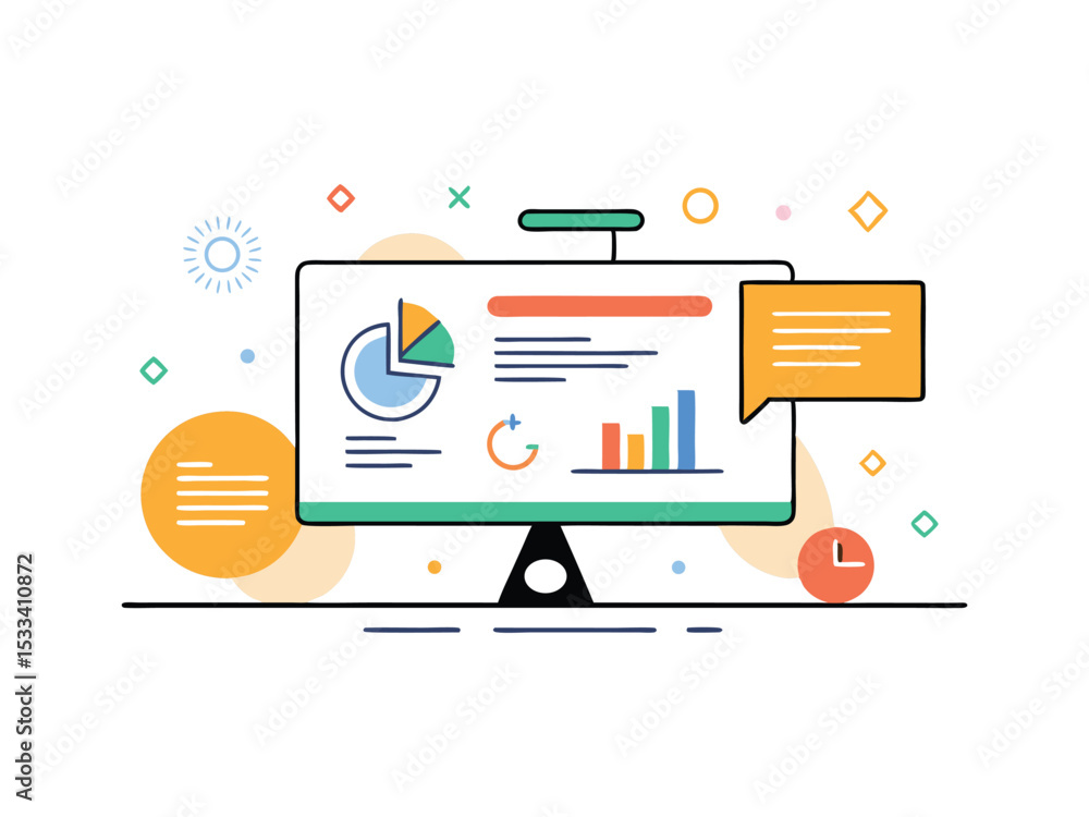 Poster computer screen showing business data charts graphs isolated on white background