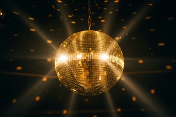 Obraz premium a festive and celebratory atmosphere, A golden disco ball hanging from a chain, light rays and sparkles, A large golden disco ball hanging in a dark room, beams of light and sparkling lights