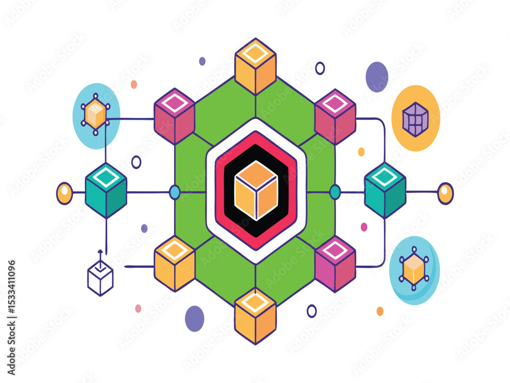 Poster abstract network of colorful cubes isolated on white background