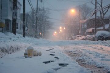 Snowy Street Scene with Coffee Cup and Street Lights in Winter