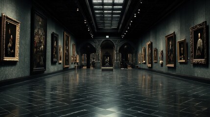 Elegant Art Gallery Interior with Historic Paintings and Sculptures