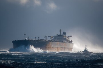 Ship in Stormy Sea with Tugboat in Dramatic Ocean Environment