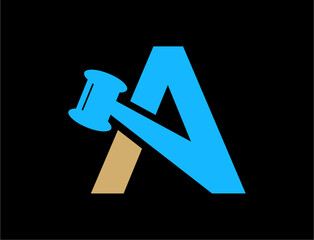 Abstract letter a logo design with a hammer, law justice