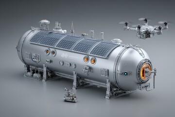 Futuristic Space Habitat with Drone and Robotic Elements in 3D Design