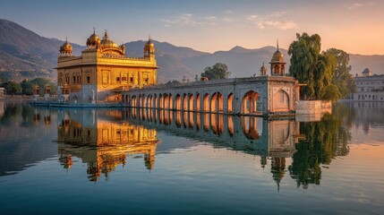 Golden Temple at Sunrise Reflected in Serene Water of Amritsar