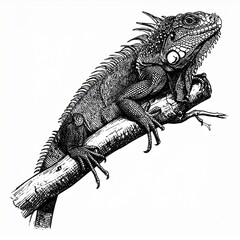 Black And White Engraving Of An Iguana On A Branch