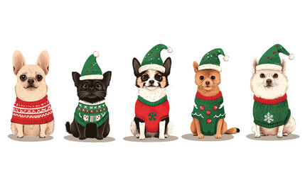 Festive Christmas Costumes for Pets in Cute Vector Set, Pets in Christmas Costumes