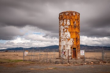 Rusty Storage Tank on a Grassy Field under Dramatic Cloudy Sky