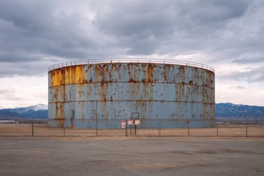 Rusty Industrial Storage Tank Against Mountainous Cloudy Sky