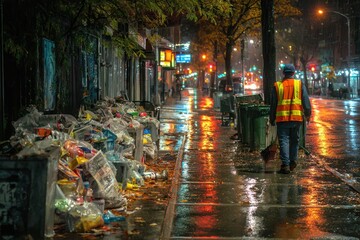 Urban Street Under Rain with Garbage in the Evening Hours