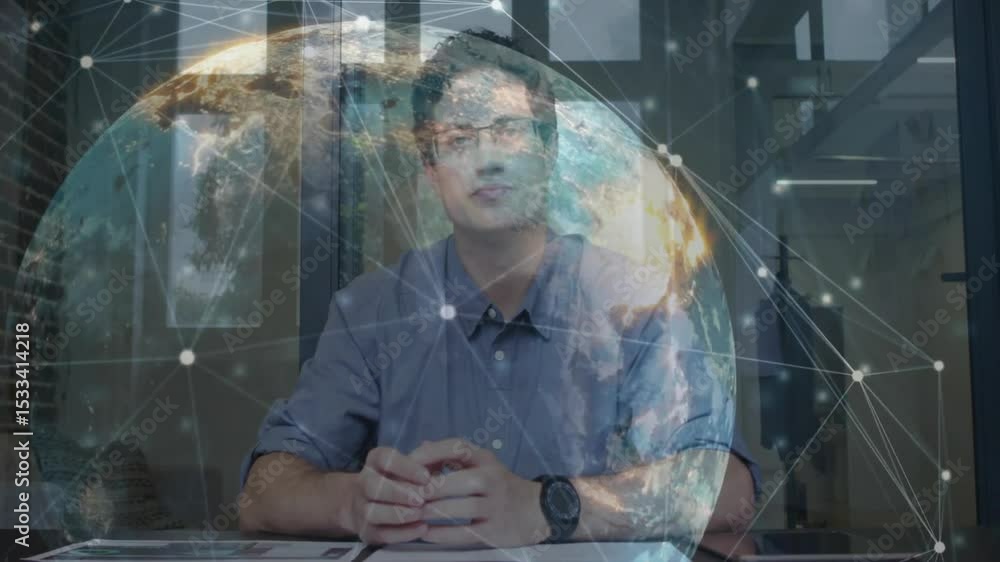 Aufkleber business professional unfolding papers and activating 3d globe overlay for analyzing network data