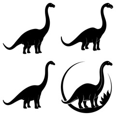Four black silhouette depictions of a sauropod dinosaur with long necks and small heads shown here