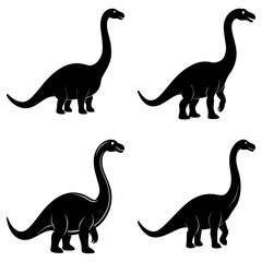 Four black silhouette illustrations of sauropod dinosaurs with long necks and tails in various poses © Love