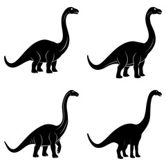Four black silhouettes of a sauropod dinosaur with a long neck on a white background illustration © Love
