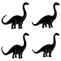 Four black silhouette illustrations of long necked dinosaurs on a white background in a square layout