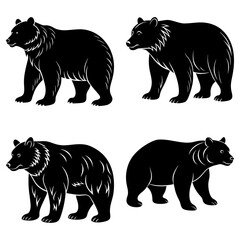 Four black bear silhouettes in various poses standing on a white background in a vector illustration