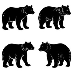 Four black bear silhouettes standing on a white background in different poses and facing different directions