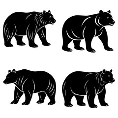 Four black bear silhouettes in various poses standing on a white background in a vector illustration