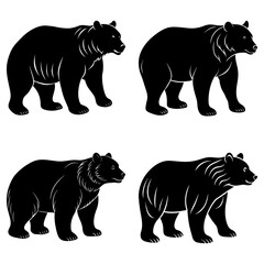 Four black bear silhouettes in various poses standing on a white background in a repeating pattern design